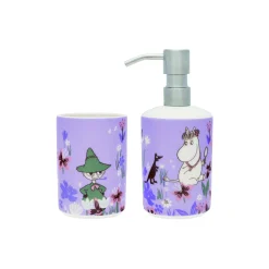 Moomin Arabia Badeværelsesudstyr-Mumi sæt af sæbedispenser & tandbørsteholder Blomsterhave